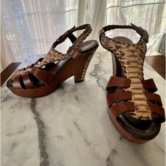 HENRY BEGUELIN cognac leather and snakeskin wedge slingback heels 38.5 - Picture 3 of 11